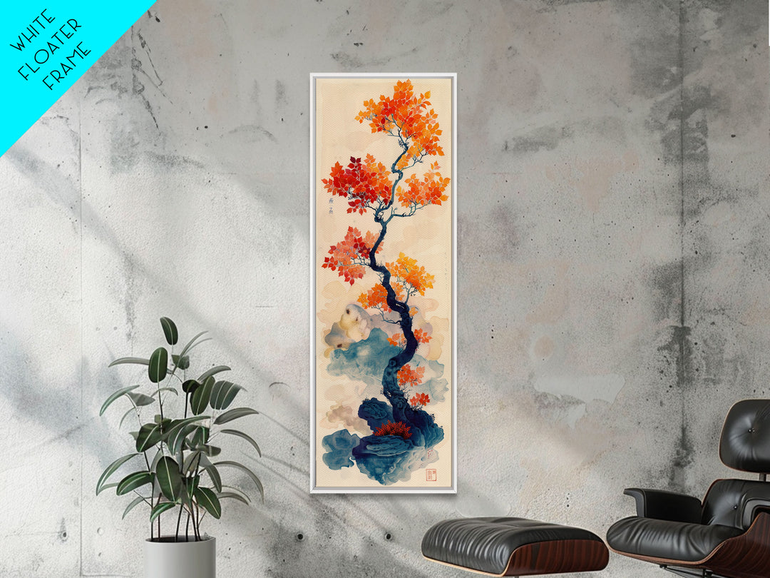 Japanese Maple Tree In Autumn Colors, Ukiyo-e Woodblock Print Style Canvas, Framed Canvas Print, Tall Skinny Japanese Wall Art, Ready To Hang