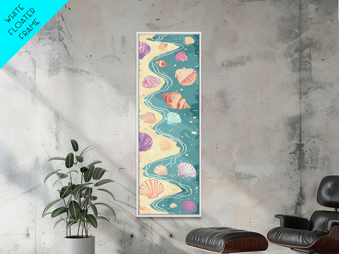 Shells On Shoreline Canvas In Ukiyo-e Style, Japanese Woodblock Print, Framed Canvas Print, Tall Skinny Japanese Wall Art, Ready To Hang