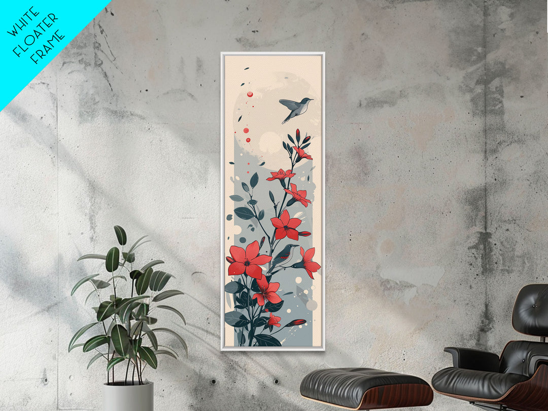 Hummingbird and Red Flowers Skinny Art Tall Art Japanese Ukiyo-e Inspired Nature Framed Canvas Print for Vibrant Interiors