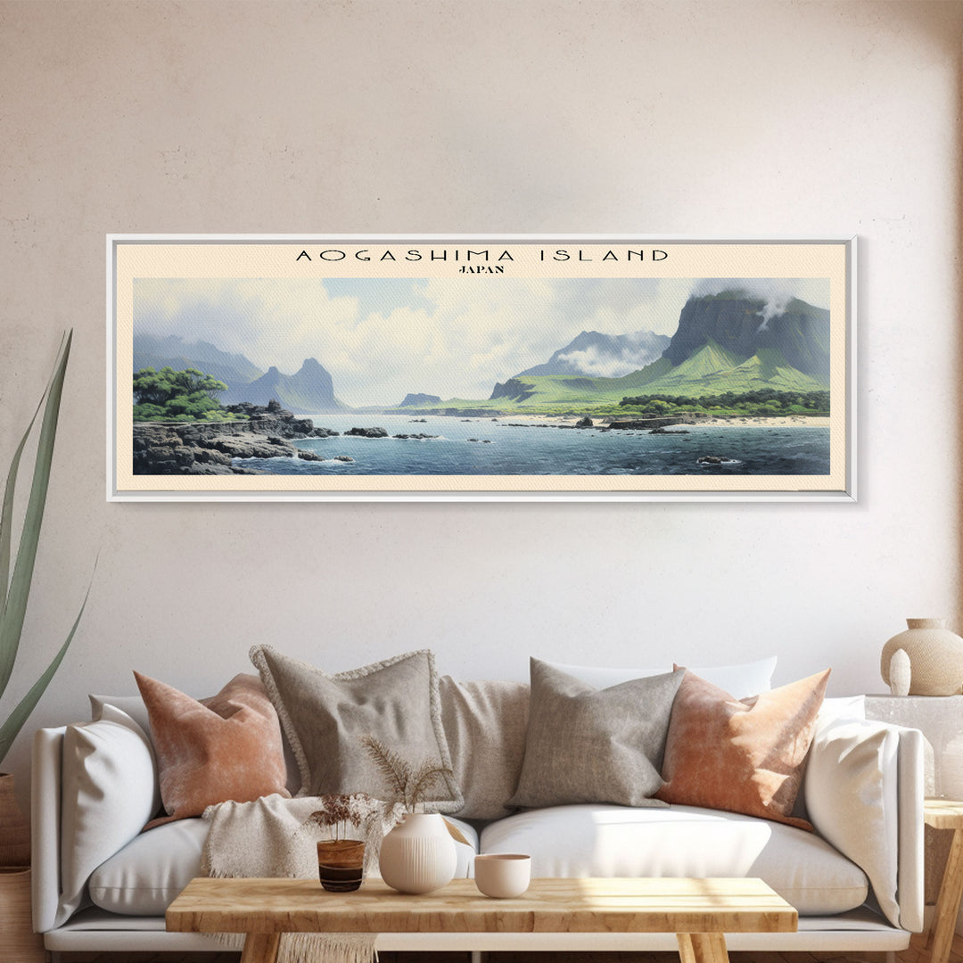 Aogashima Island Travel Art Framed Canvas Print, Wall Decor, Home Decor, Travel Poster, Vintage Wall Art, Watercolor Painting