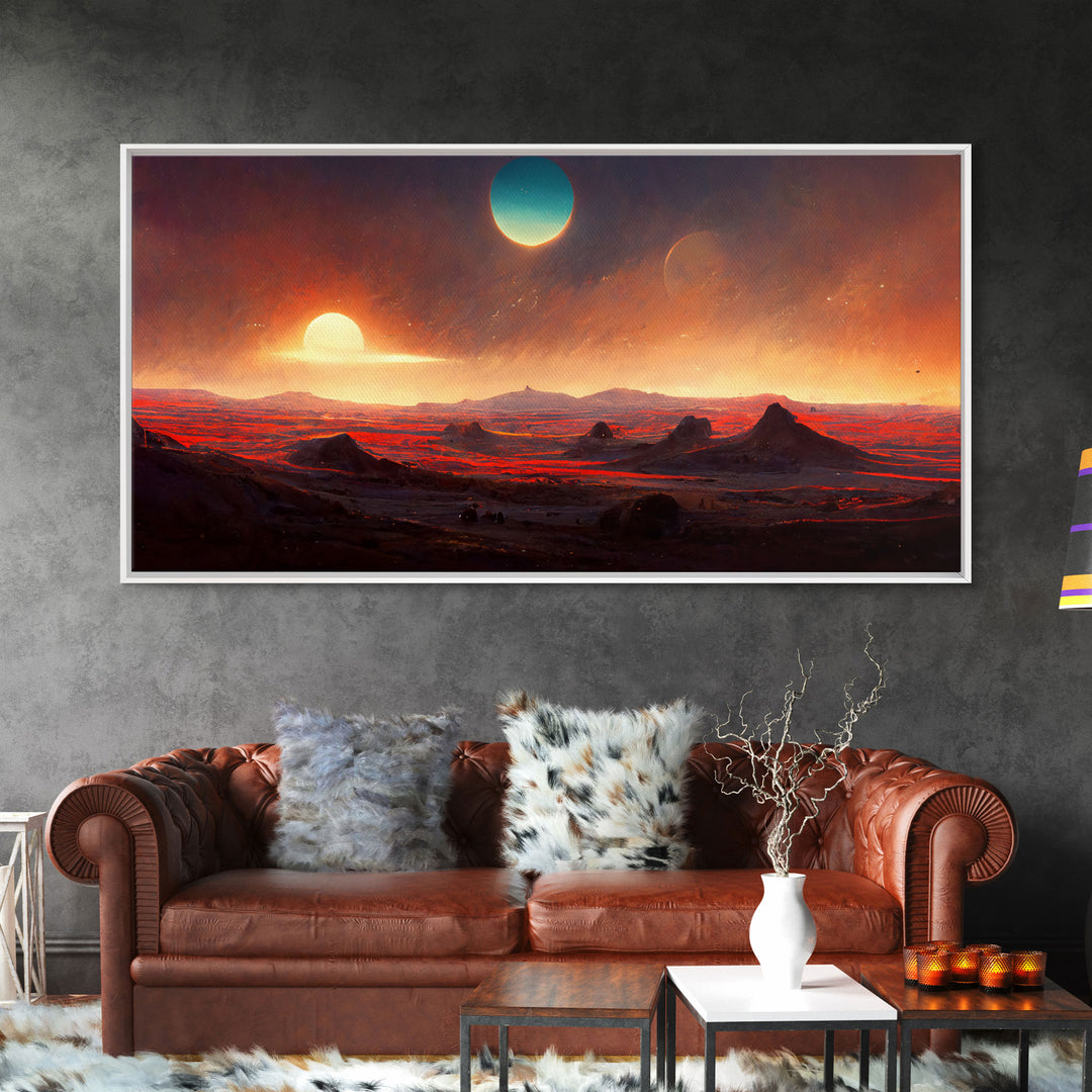 Scifi canvas print, Alien world with 3 moons, spooky print, creepy art, science fiction art