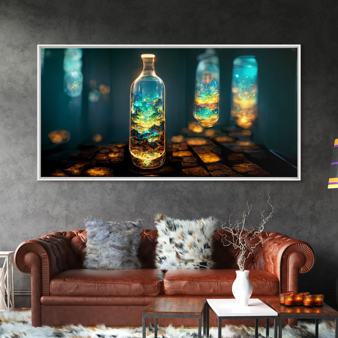 Miniature world in a bottle canvas print, high fantasy wall art, magical wall art, ready to hang wall art