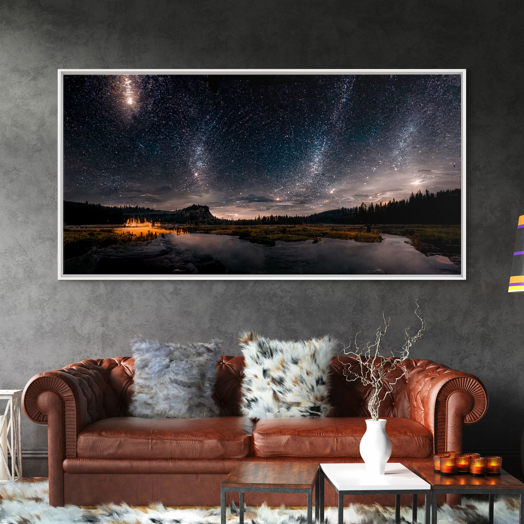 Cool Wall Art Landscape Mountains Nature Painting Prints Minimalist Modern Home Artwork Decoration Night Sky With Stars, Framed Canvas Print