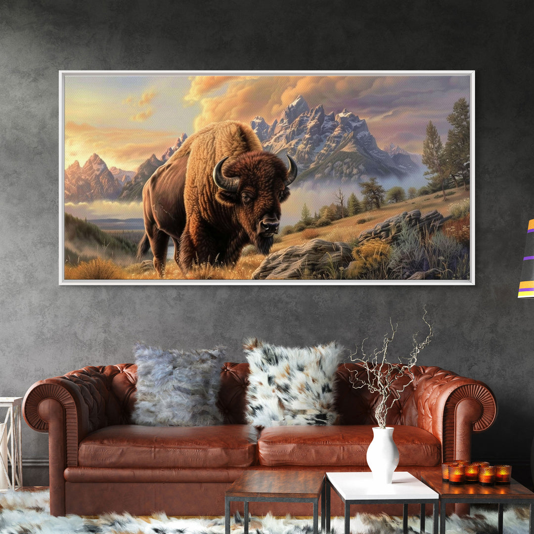 Powerful Bison in Mountain Valley, Framed Canvas Print, Ideal for Living Room Art, Nature Inspired Wall Art, Bedroom Decoration