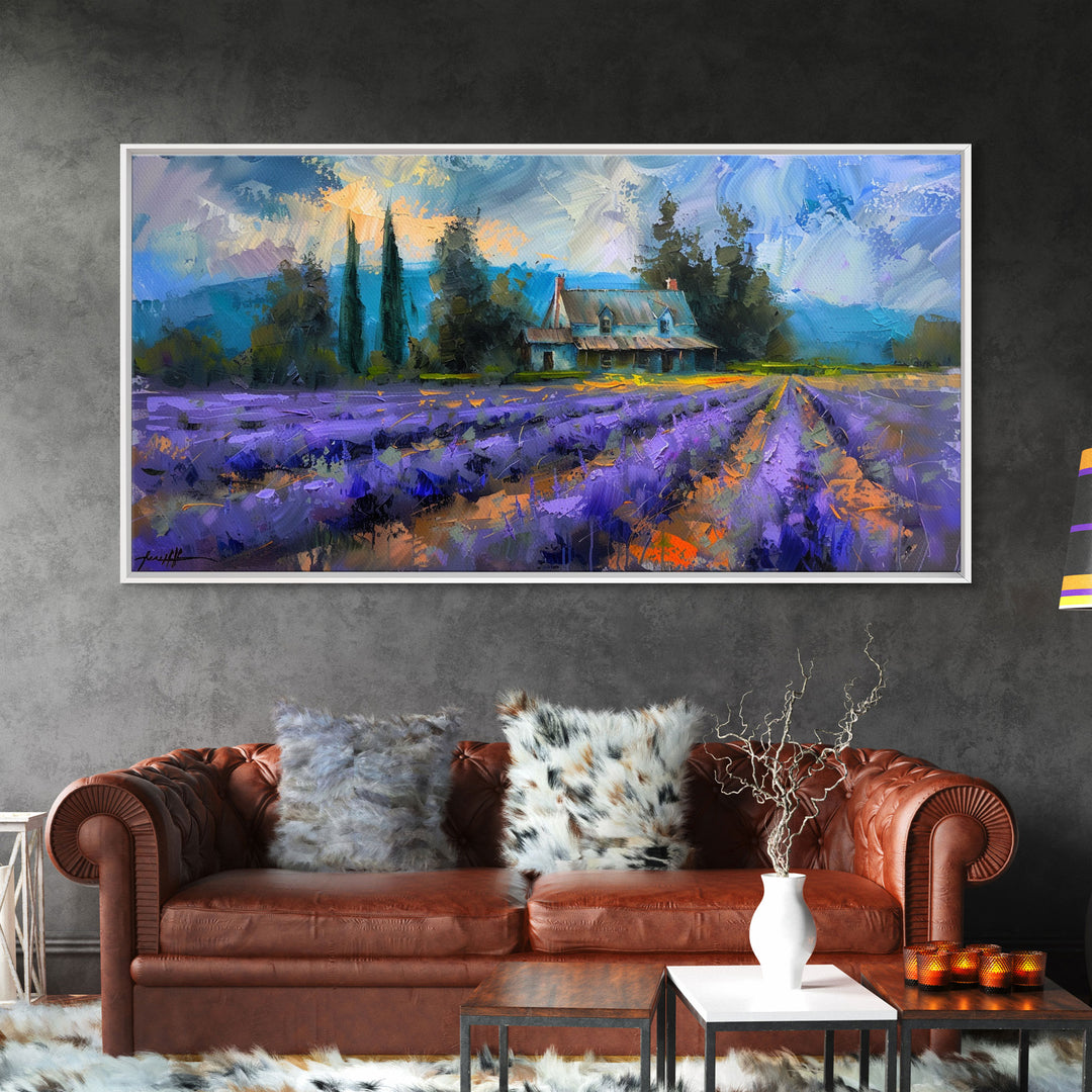 Lavender Field with Cottage, Impressionist Style, Framed Canvas Print, Farmhouse Decor, Cottagecore Art, Pastel Wall Art