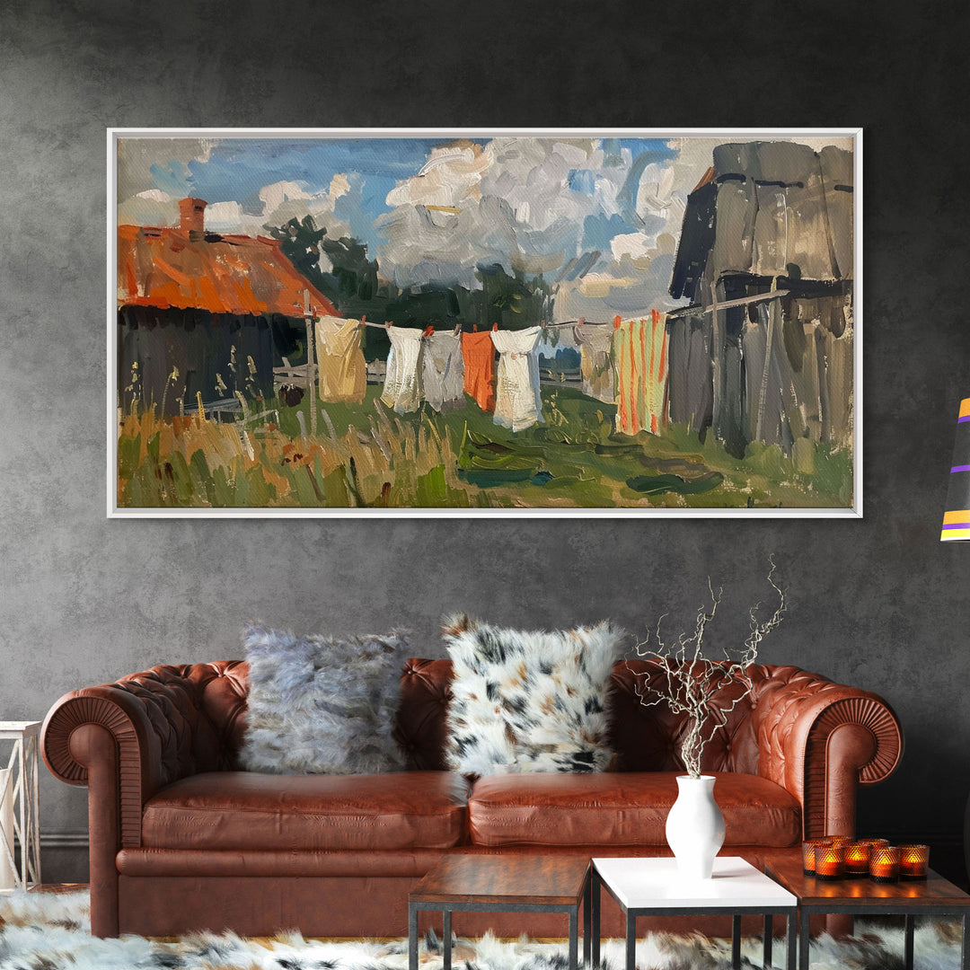Clothesline with Rustic Farmhouse, Framed Canvas Print, Farmhouse Style, Living Room Art, Country Decor, Vintage Scene