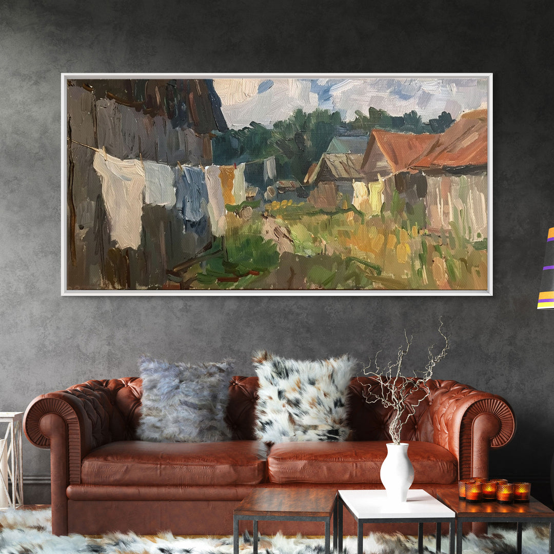 Rustic Farmyard with Laundry, Framed Canvas Print, Farmhouse Wall Art, Living Room Decor, Country Style, Outdoor Scene