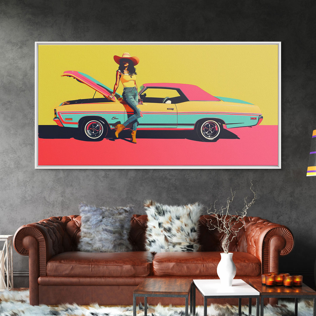 Colorful Pop Art Cowgirl with Classic Car, Framed Canvas Print for Living Room, Bright Bedroom Wall Art, Unique Home Decor