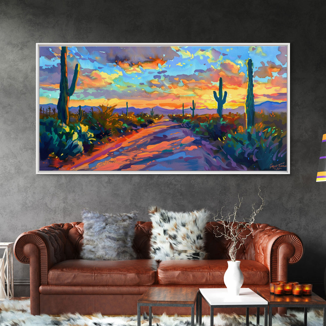 Majestic Desert Sunset Over Mountains, Framed Canvas Print for Bedroom Art, Ideal for Southwestern and Boho Decor
