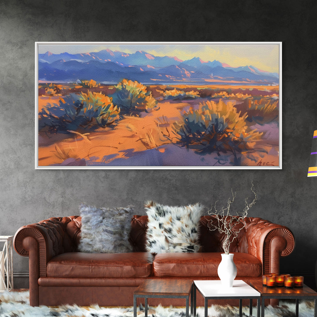 Desert brush and vibrant colors at sunset, Framed Canvas Print, perfect for southwestern living room, bohemian wall decor art
