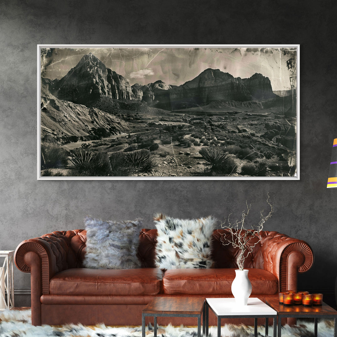 Majestic Mountain Range in Vintage Style, Framed Canvas Print for Living Room Decor, Ideal Bedroom Wall Art, Western Landscape