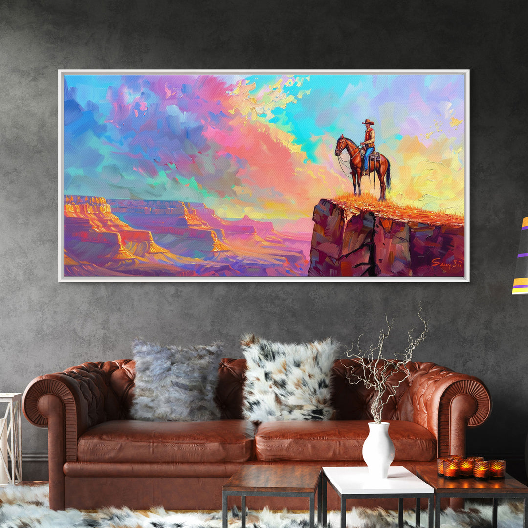 Cowboy on Horse with Colorful Sunset Sky, Farmhouse Style Framed Canvas Print for Living Room Wall Art, Vibrant Home Decor, Western Art