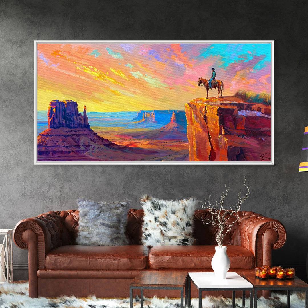 Cowboy with Horse on Cliff Edge, Farmhouse Style Framed Canvas Print for Living Room Wall Art, Vibrant Home Decor, Western Scenic Art