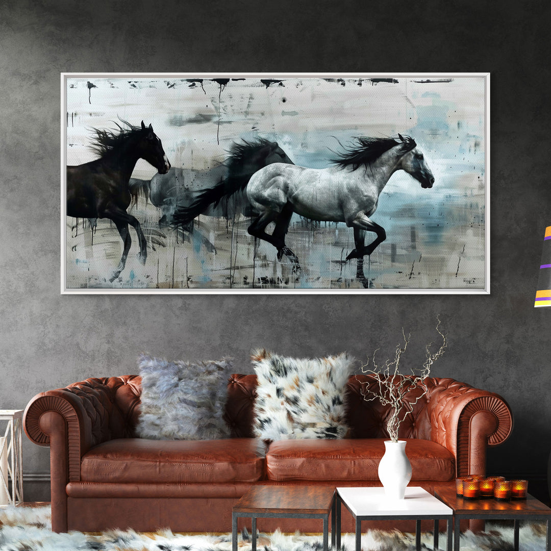 Black and White Horses Running in Abstract Landscape, Ideal Wall Art, Framed Canvas Print for Living Room or Bedroom Decor, Colorful Art