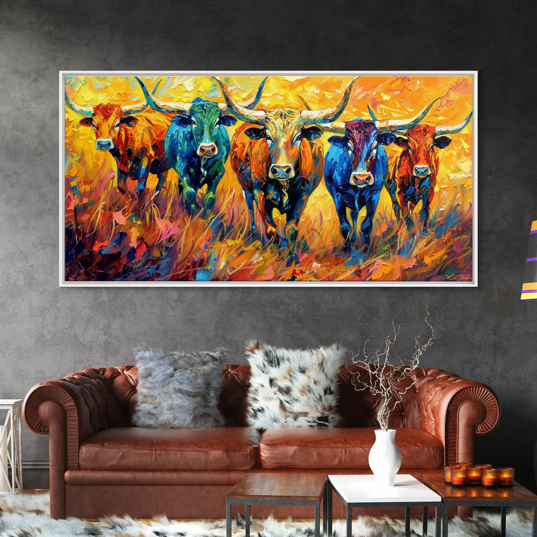 Colorful Herd of Cattle, Ideal for Living Room Art, Framed Canvas Print, Bedroom Decor, Home Decoration, Rustic Farmhouse Art