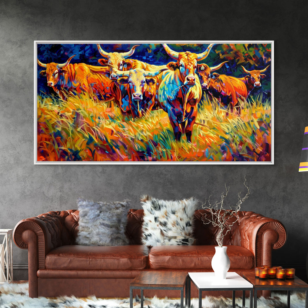 Beautiful Herd of Cattle in Colorful Style, Living Room Art, Framed Canvas Print, Bedroom Decor, Home Decoration, Artistic Farmhouse Decor