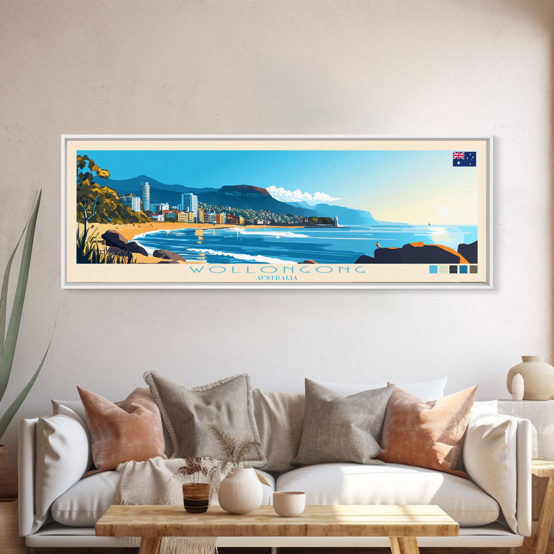 Panoramic Travel Poster Wollongong, Australia Canvas Print, Wollongong, Australia Painting, Australia Art, Wollongong Travel Art, Guest Room Painting