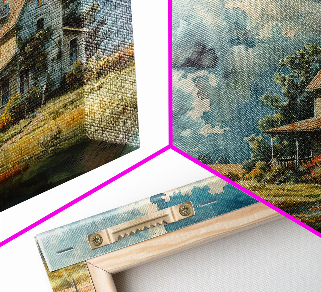 Beautiful Cottagecore Kitsch Framed Canvas Print Of An Old Farmhouse, Watercolor Painting, Custom Original Art, Living Room Decor