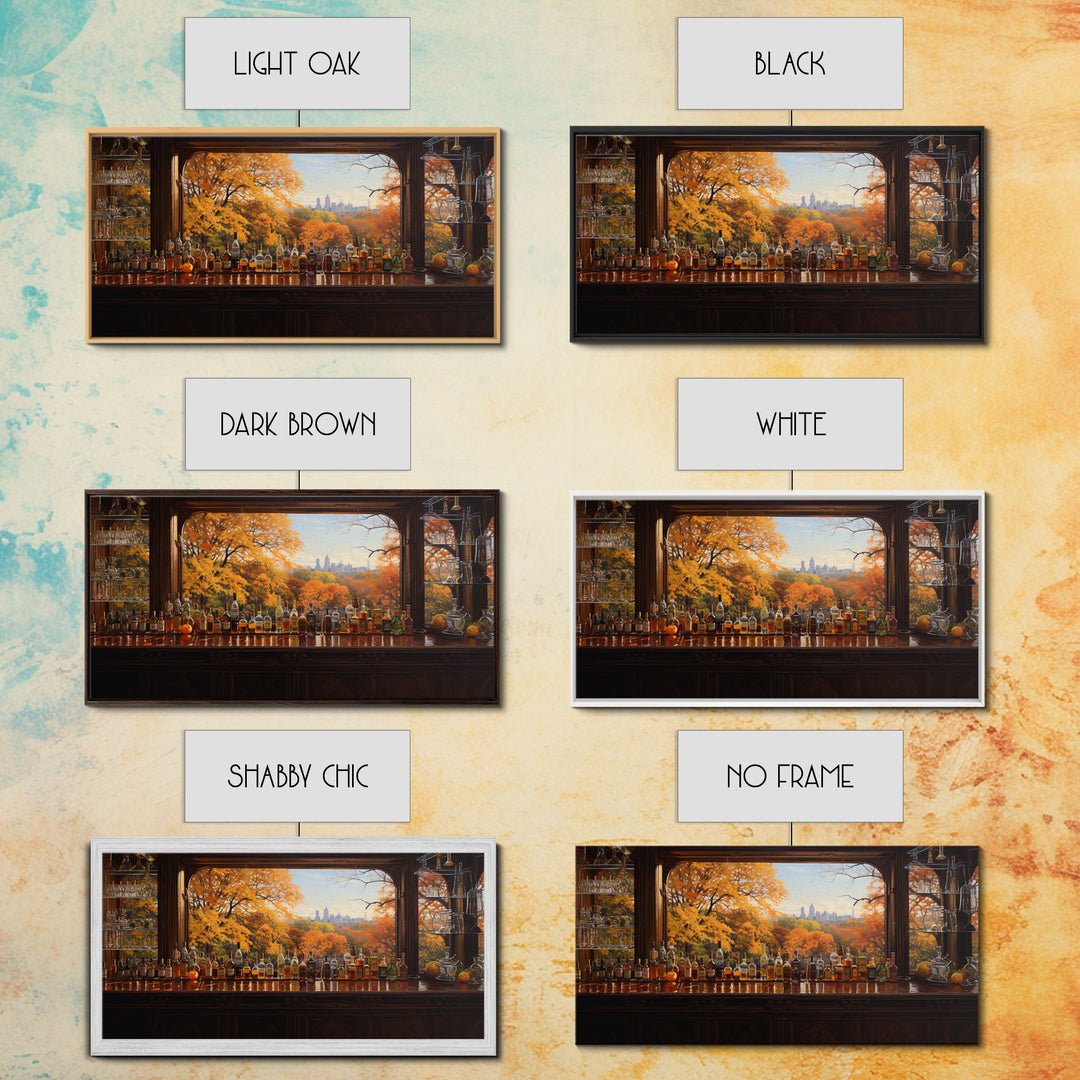 Fall Bar Decor Framed Canvas Print, Oil Painting Of A Vintage Tavern In The Fall, Fall Centerpiece, Fall Decor, Fall Leaves, Bar Cart Art
