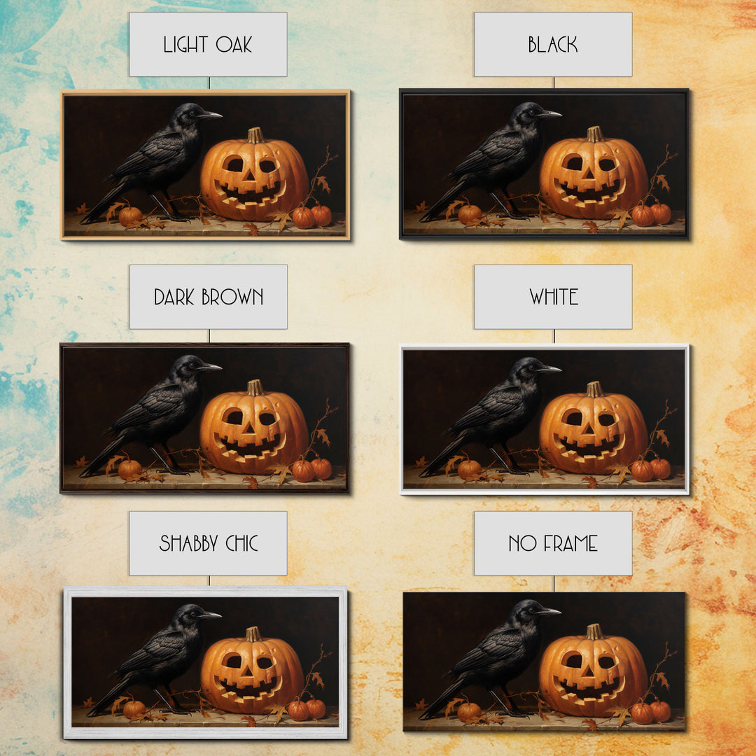 Spooky Crow Print, The Raven and The Jack O Lantern, Halloween Wall Art, Victorian Oil Painting