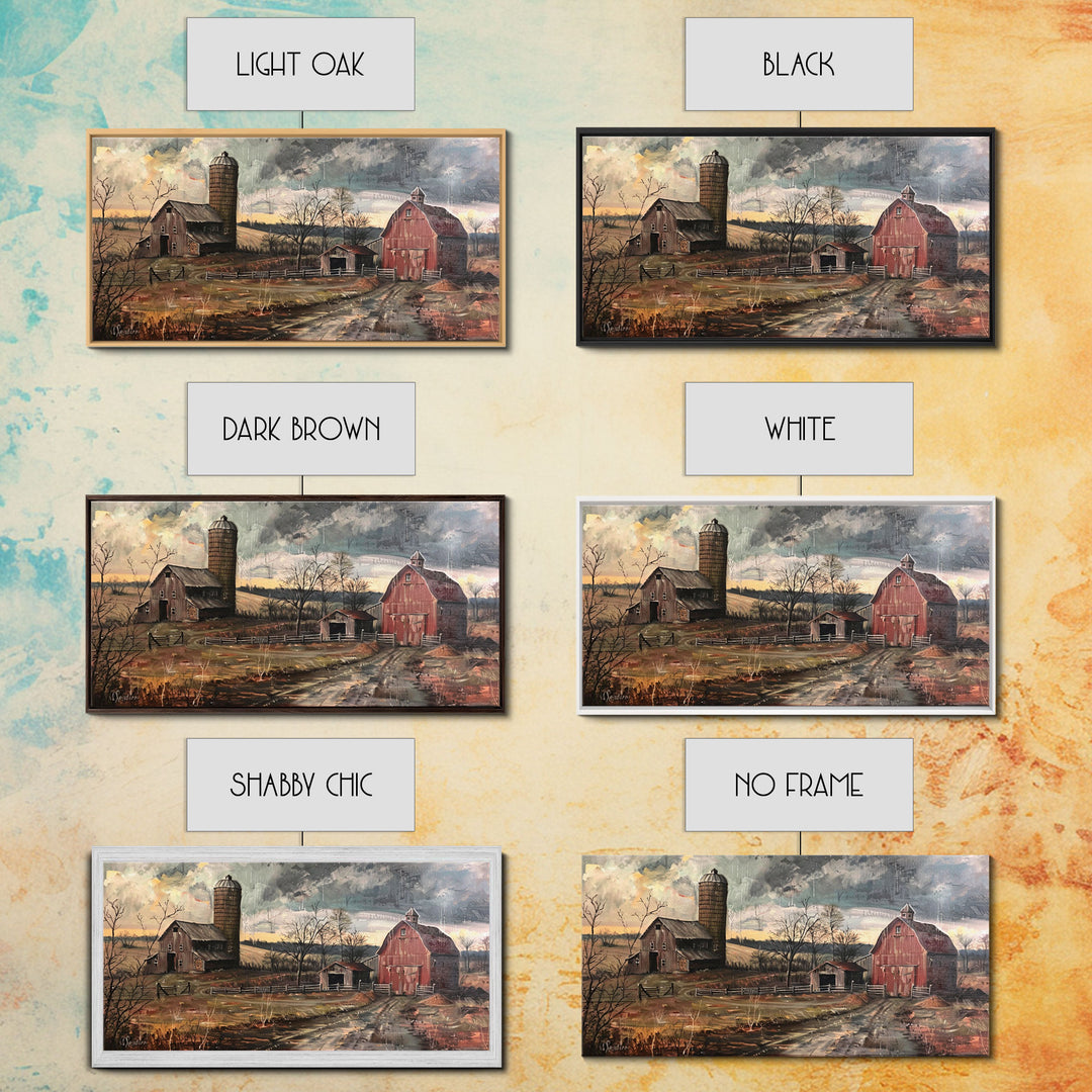 Vintage Farm Scene with Silos, Framed Canvas Print, Rustic Wall Art, Living Room Decor, Farmhouse Style, Country Home Art