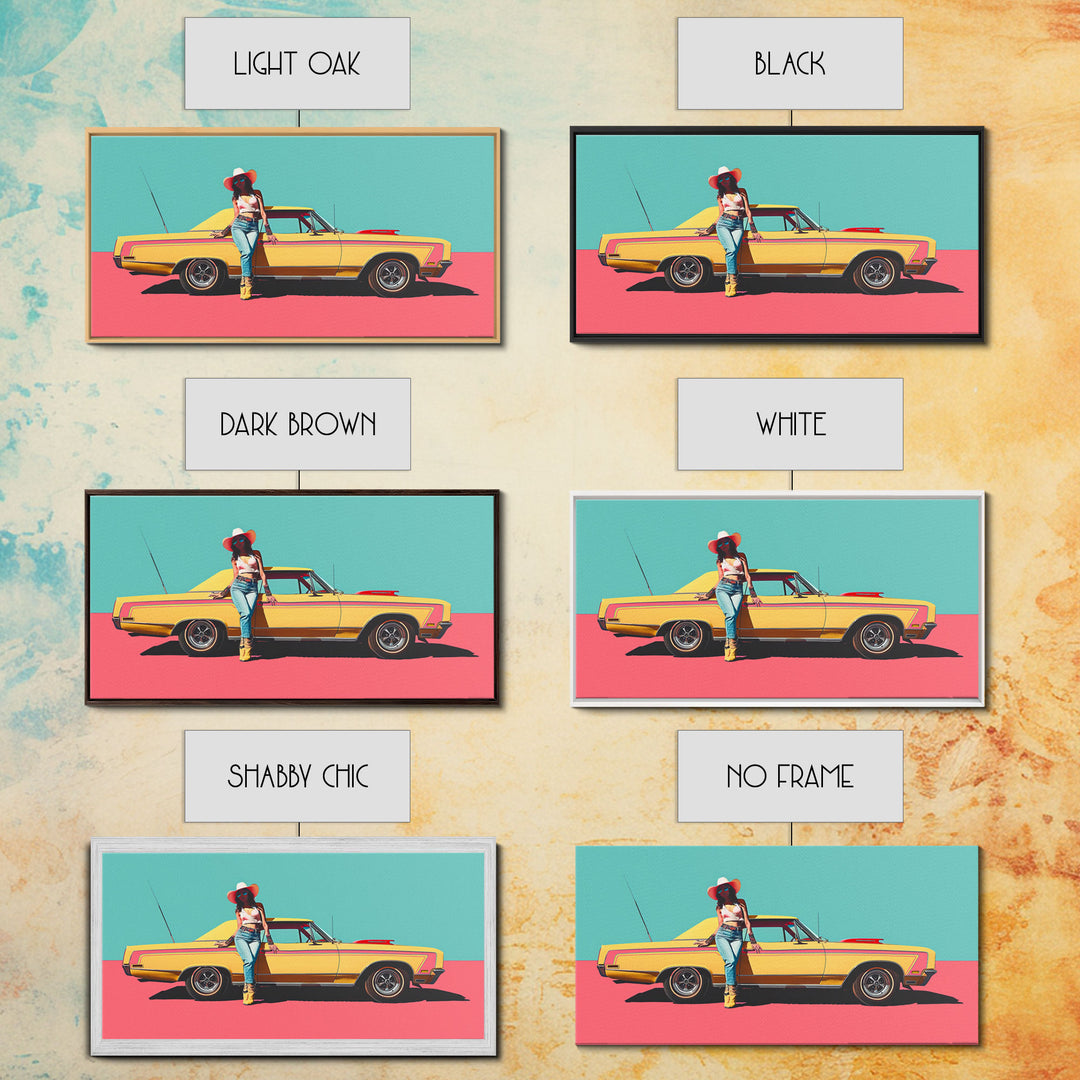 Bold Cowgirl Posing with Yellow Car, Pop Art Framed Canvas Print for Living Room, Ideal Bedroom Wall Art, Unique Home Decor