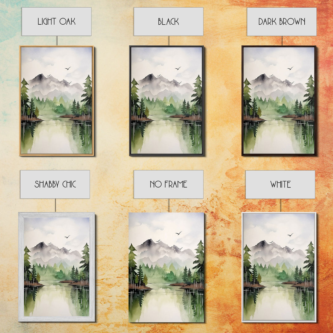 Green Forest Watercolor Framed Canvas Wall Art Set, Green Forest Lake Vintage Landscape Prints Rustic Farmhouse 3 Piece Wall Decor
