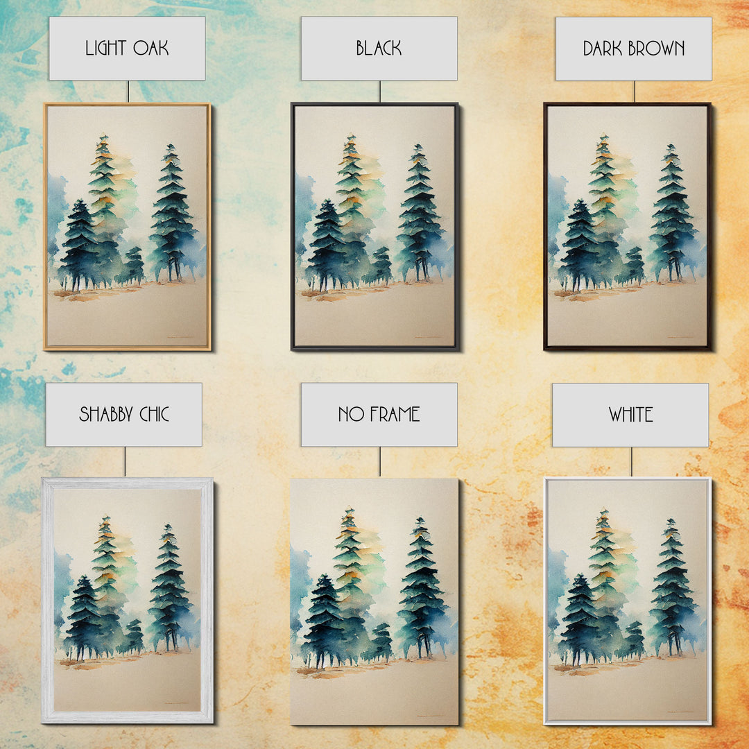 Mysterious Pine Tree Forest Watercolor Canvas Print - Nature Wall Art Home Decor Artwork, Framed Canvas Print