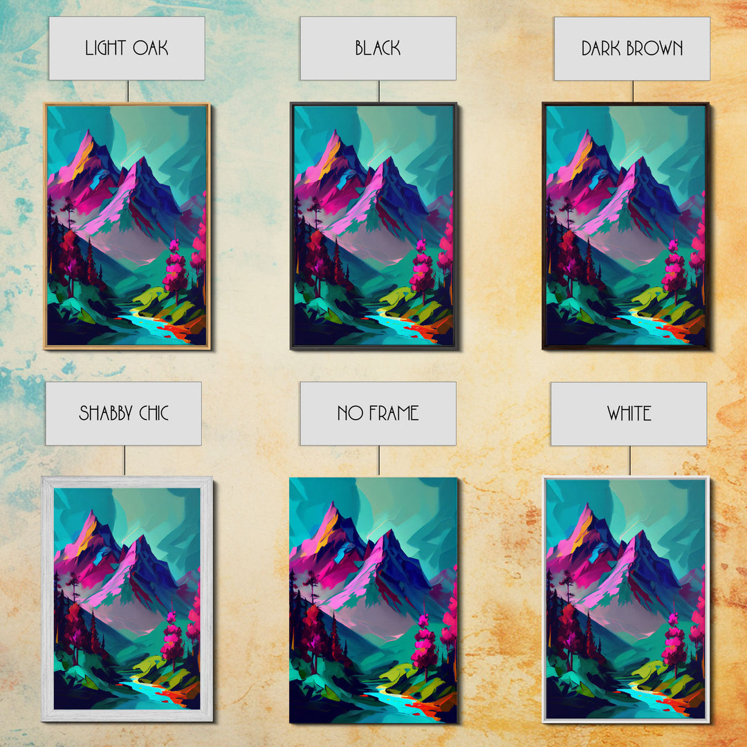 Vibrant Vaporwave Mountain Watercolor Wall Art Canvas Print - Colorful Nature Scene Artwork