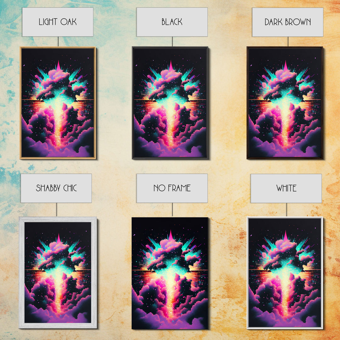 Color Pop Explosion, Vintage style art, framed canvas print, vaporwave aesthetic cloud art