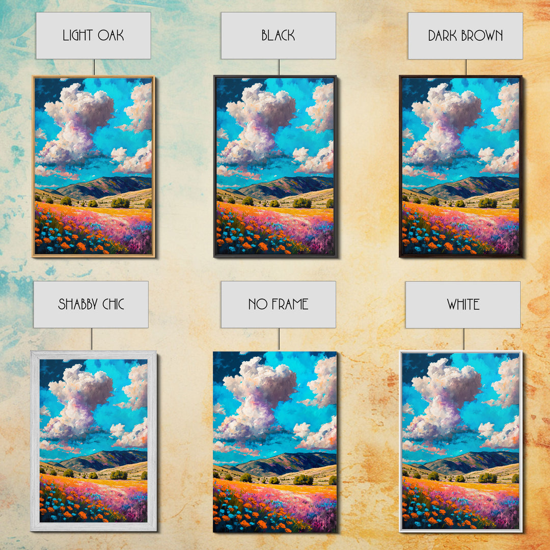 Watercolor Cloudy Day, Fields of Flowers, Framed Canvas Print, Colorful Wall Art, Minimalist Boho Style Wall Art