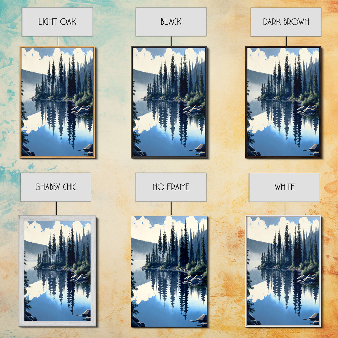 Washington State Pine Tree Forest and Lake Reflection, Framed Canvas print, watercolor painting print, unique living room wall art