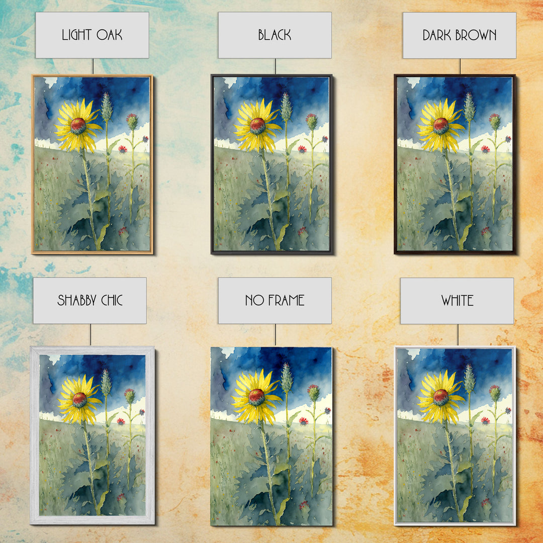 Watercolor Painting Print of a Sunflower and Wildflowers, Framed Canvas Art, Framed Print, Living Room Wall Decor