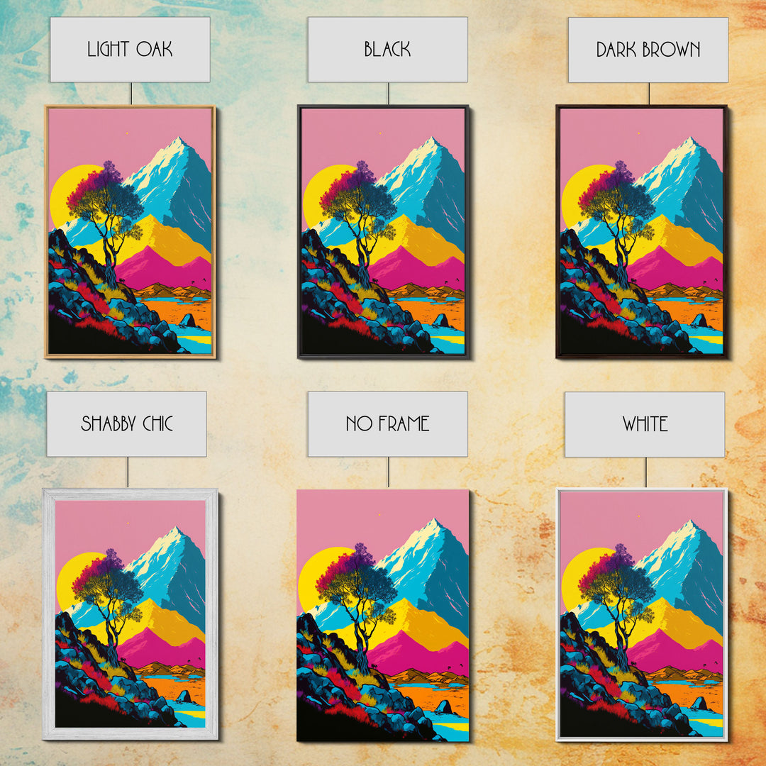 Retro Midcentury Style Wall Art, Framed Canvas Print, Colorful Wall Art, Mountain Landscape, Office Decor, Low Res Art
