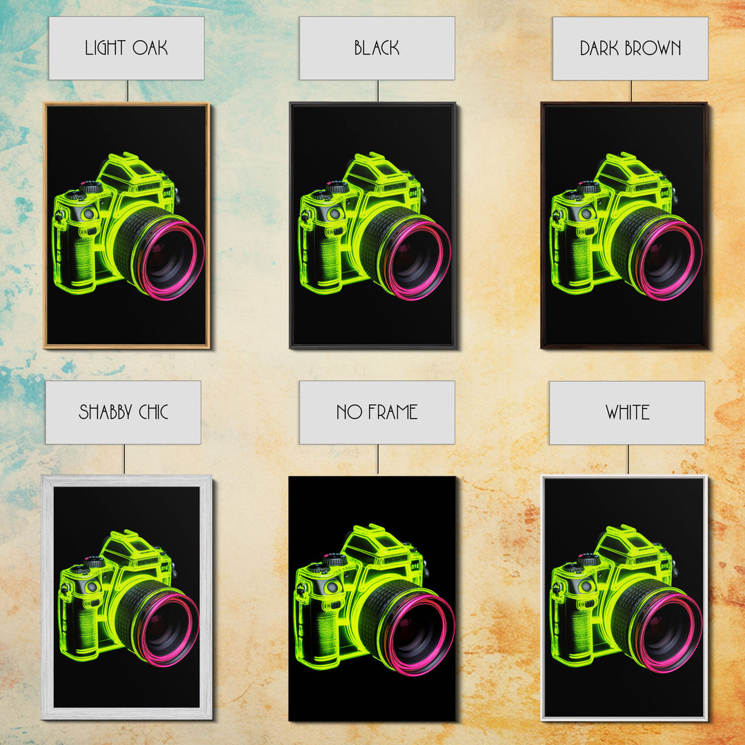 Neon Green Camera Wall Art, Neon Wall Decor, Photography Art, Minimalist Print, Wall Decor, Canvas Print, Wall Art, Framed Canvas