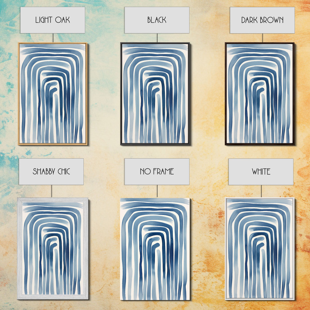 Framed Canvas Print Watercolor Blue Geometric Pastel Lines, Minimalist Abstract Room Decor, Mid-Century Modern Art Print, Retro Art