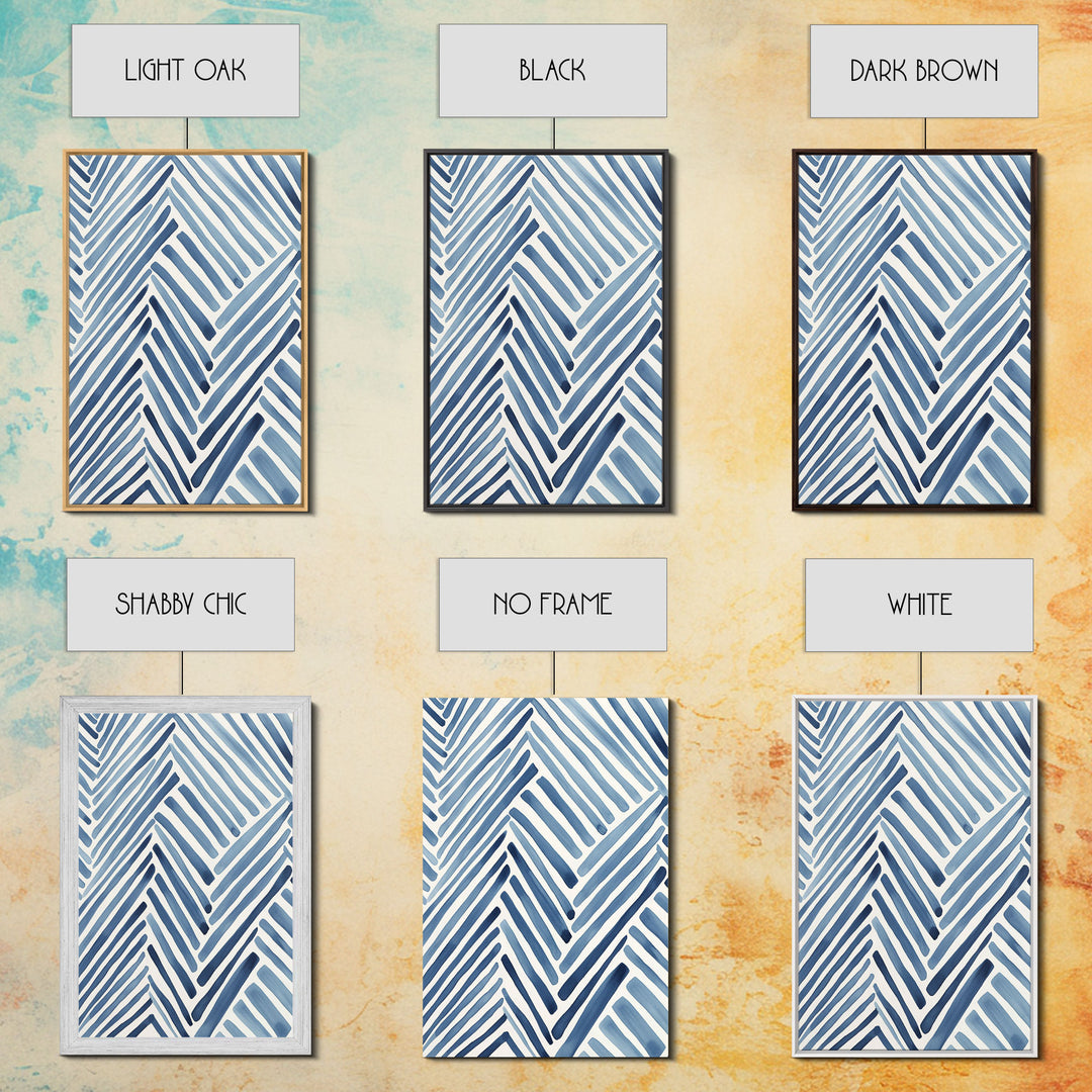 Framed Canvas Print Watercolor Blue Geometric Pastel Lines, Minimalist Abstract Room Decor, Mid-Century Modern Art Print, Retro Art