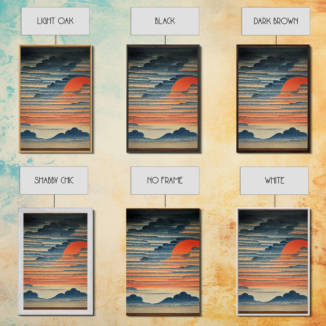 Japanese style wall art, sunrise over the mountains, canvas print, woodblock print style art, Hokusai style wall art
