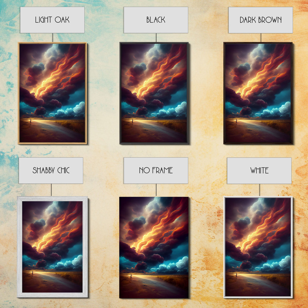 Watercolor painting canvas print of a thunder storm, gloomy wall art, golden hour, cool rain storm wall art
