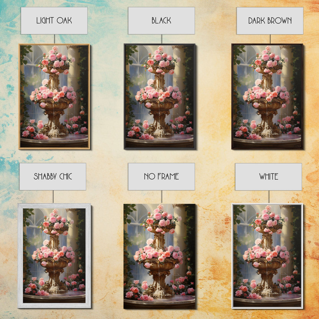 Fountain Wall Print, Pink Roses Wall Art, Flower Art Print, Canvas Print, Wall Art, Vertical Print, Botanical Art, Country Home Decor