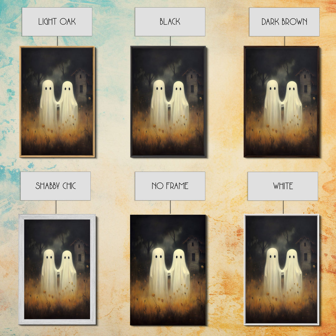 Farmhouse Ghosts Art Print, Halloween Art Print, Halloween Decor, Cute Ghosts in Field, Spooky Vintage Halloween, Wall Art, Framed Canvas