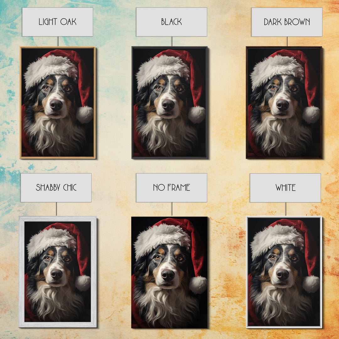 Portrait Of An Australian Shepherd In A Santa Hat, Christmas Art, Christmas Decor, Christmas Wall Art, Christmas Painting, Vintage Christmas