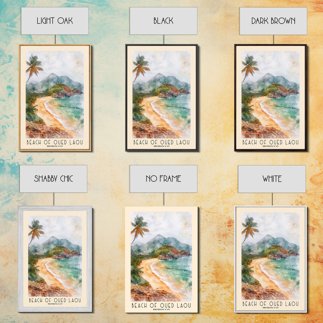Beach of Oued Laou, Morocco Watercolor Print, Vacation Gift, Morocco Wall Art, Beach Painting, Beach Decor, Large Wall Art, Wood Frame Art