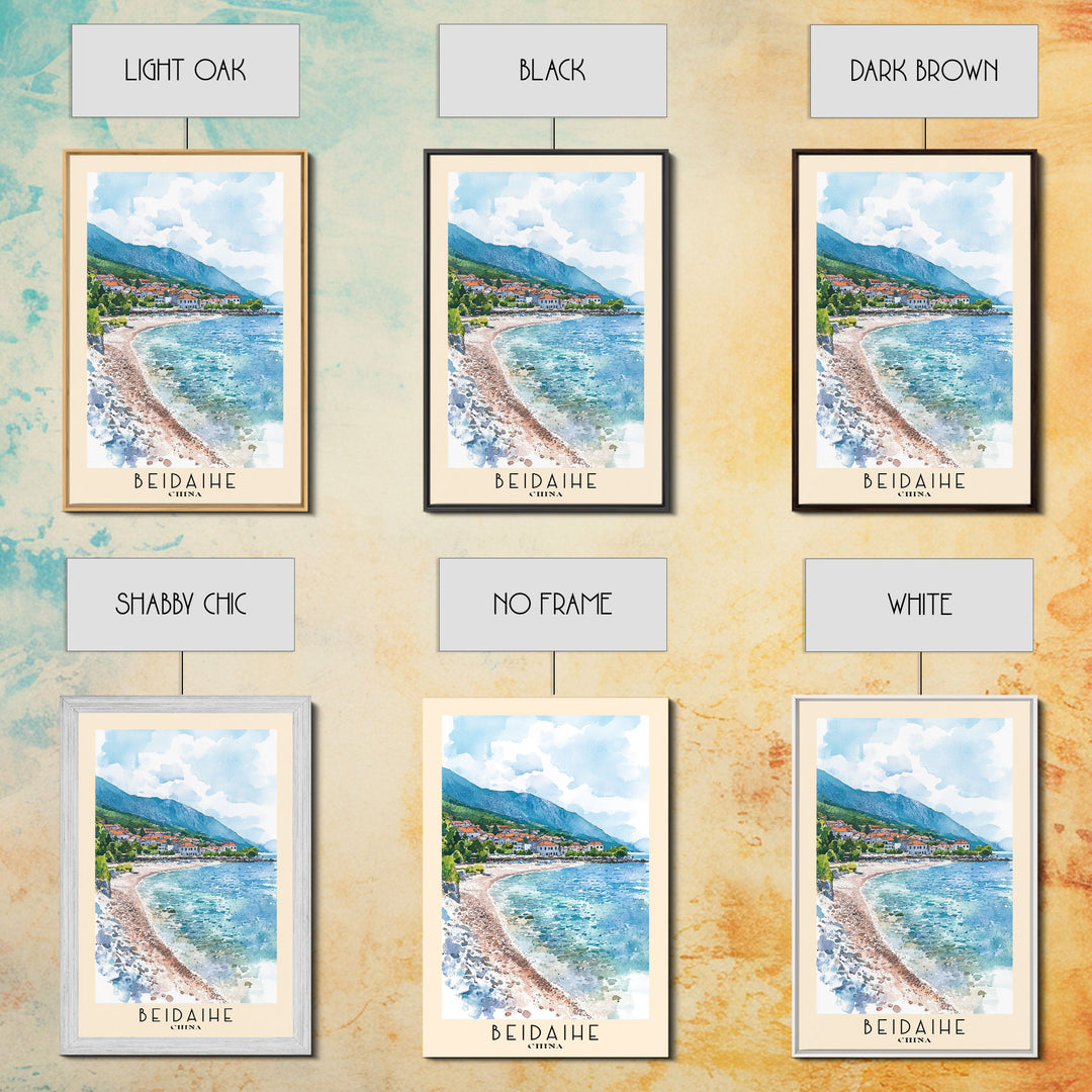 Beidaihe, China Watercolor Beach Print, Vacation Gift, China Wall Art, Framed Canvas Print, Framed Beach Painting
