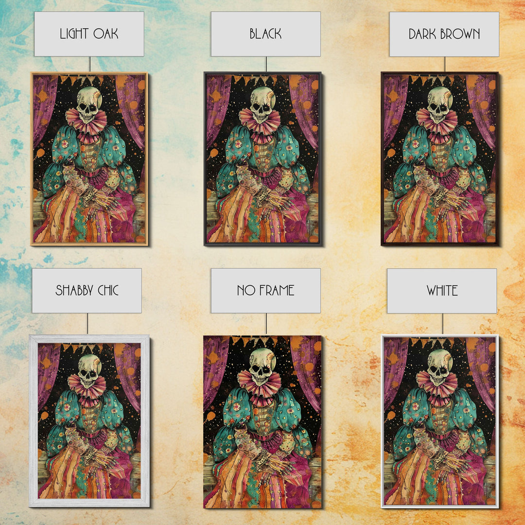 Creepy Skeleton Clown Framed Canvas Print, Cottagecore Halloween Mashup, Spooky Vibes Halloween Decor
