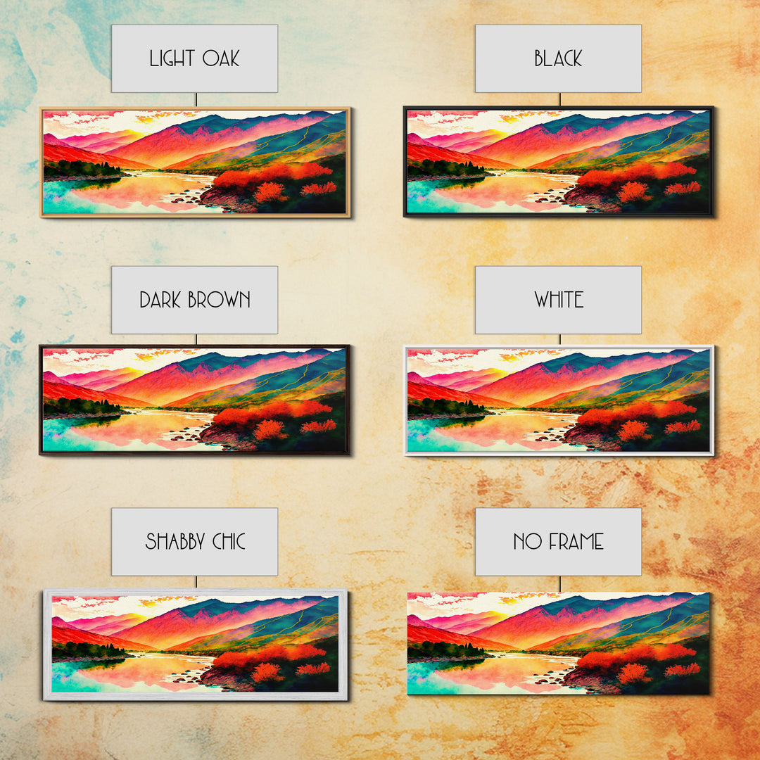 Colorful Abstract Watercolor Landscape, Framed Panoramic Canvas Print, Wide Art, Rainbow landscape painting, surrealist art