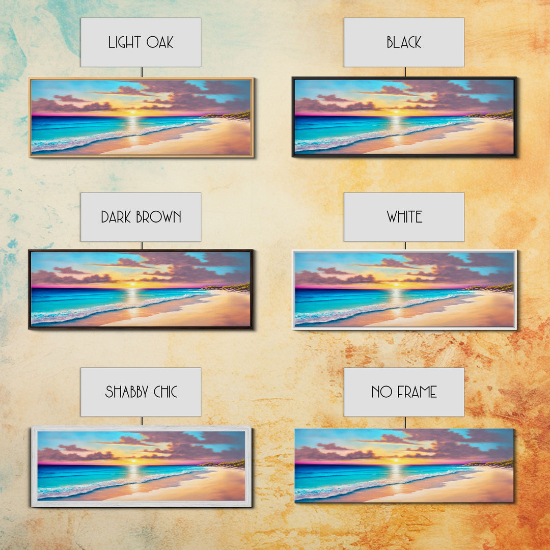Panoramic Beach Sunset Framed Canvas Print, Watercolor Landscape Painting, Home & Office Decor