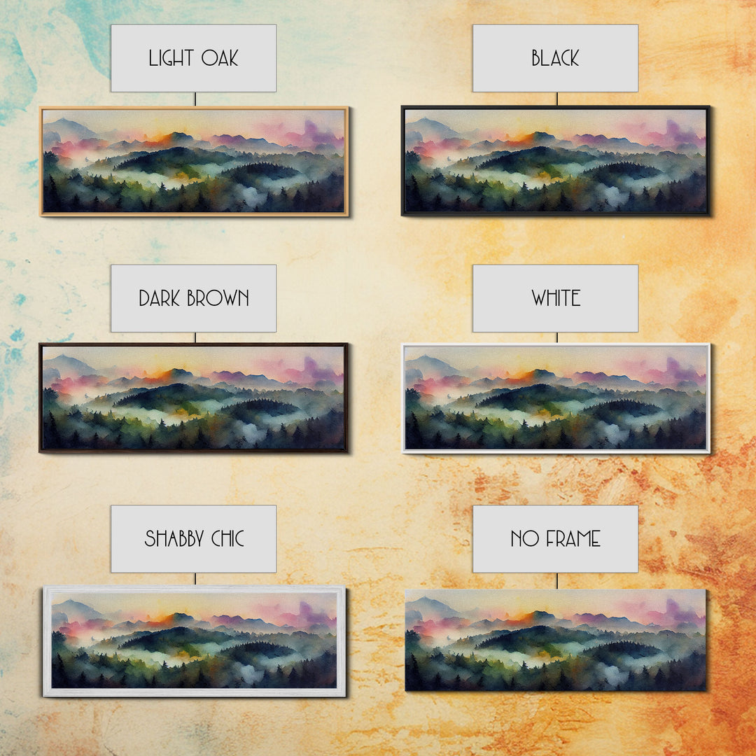 Dramatic Watercolor Sunset Landscape, Ready To Hang Canvas Print, Panoramic, Emerald Green Landscape Wall Decor