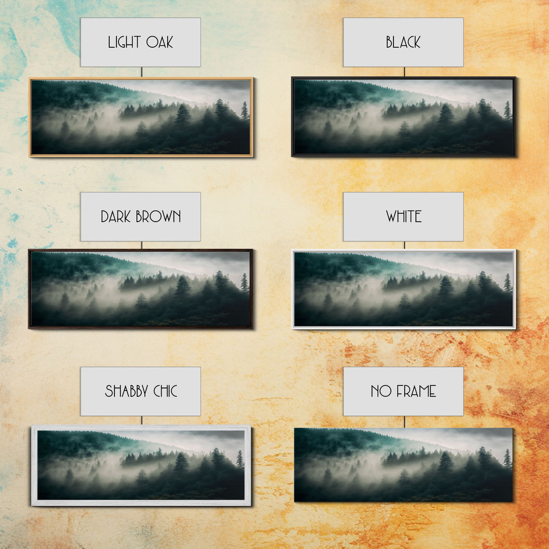 Panoramic watercolor of a misty forest fog, wall art, framed canvas print, farmhouse decor, foggy pine tree forest landscape, cabin art