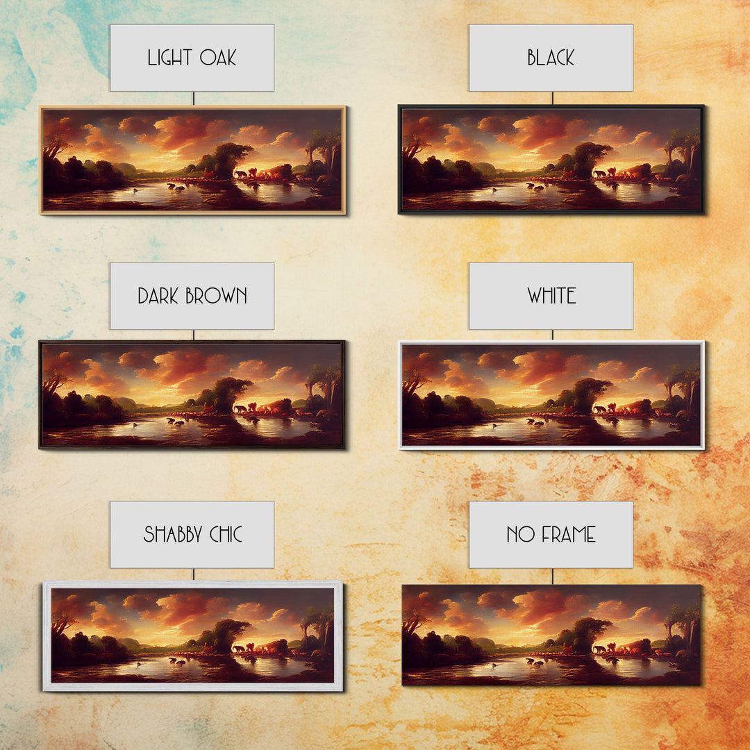 Prehistoric Abstract Landscape Art, Ready To Hang Canvas Print, Panoramic Art, Dinosaurs At Sunset